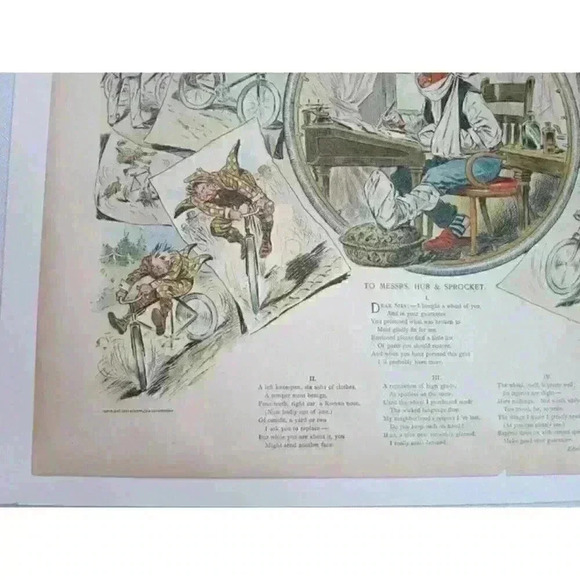 Art Print Bicycle Cartoon JS Pughe Hub Sprocket Puck Magazine Antique 1897 - Picture 7 of 12